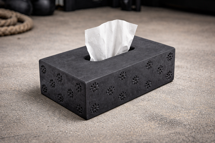 Black Soapstone Tissue Holder with Flower Carving Decorative Accent