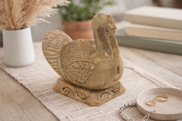 Traditional Brown Soapstone Swan Hand Carving Decorative Showpiece