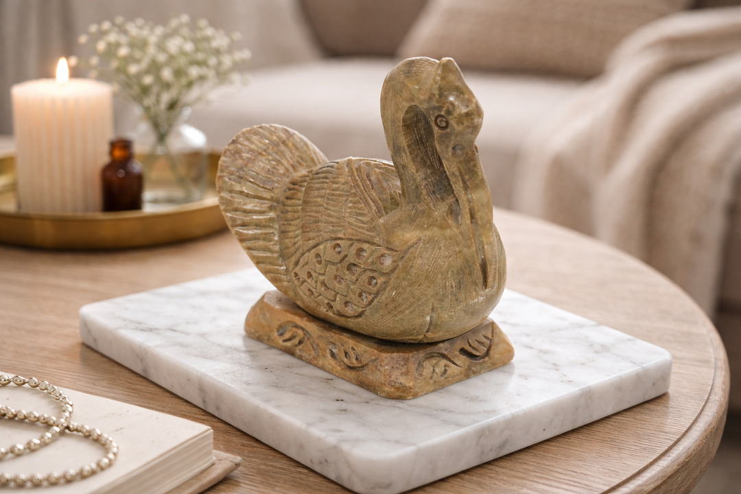 Traditional Brown Soapstone Swan Hand Carving Decorative Showpiece