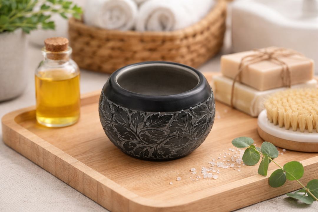Hand Carved Black Soapstone Floral Work Decorative Bowl