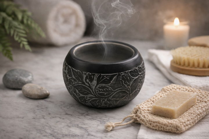Hand Carved Black Soapstone Floral Work Decorative Bowl