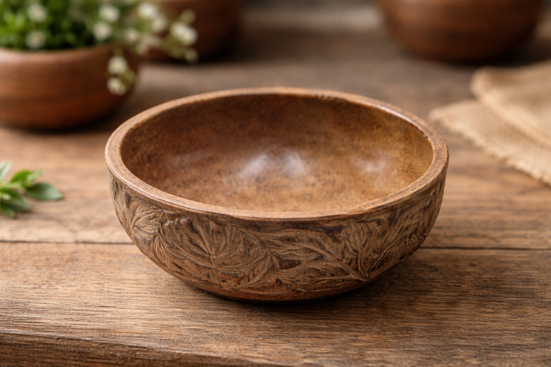 Brown Soapstone Carving Bowl Handcrafted Tabletop Accent