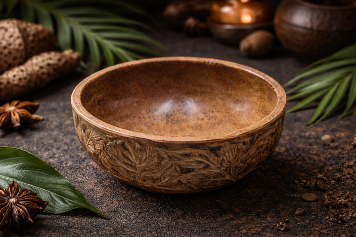 Brown Soapstone Carving Bowl Handcrafted Tabletop Accent