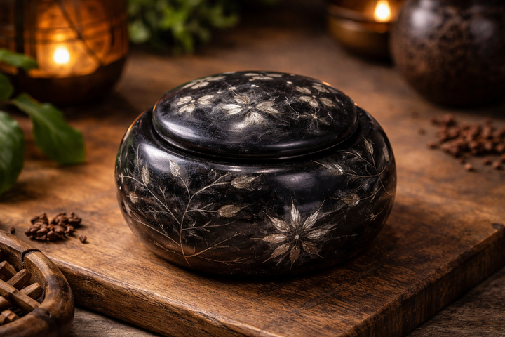 Hand Carved Black Soapstone Floral Work Box with Lid