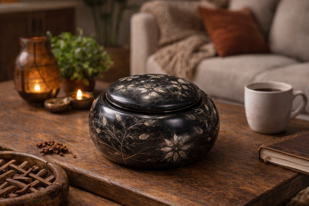 Hand Carved Black Soapstone Floral Work Box with Lid