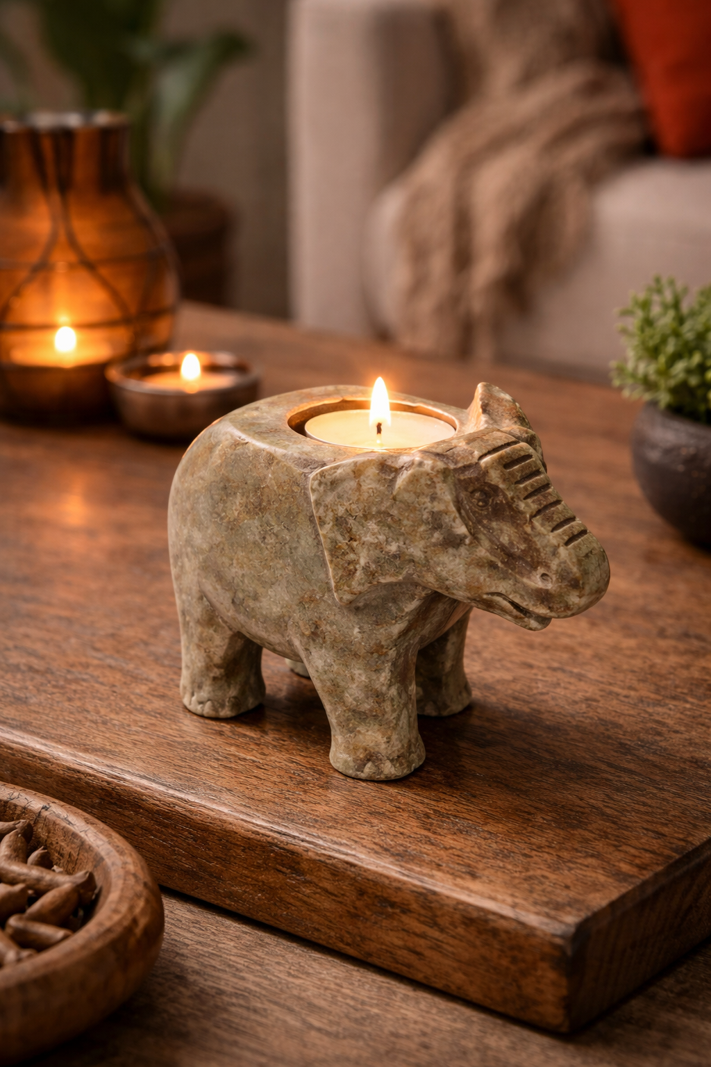 Beige Soapstone Elephant Design Candle Holder Decorative Accent