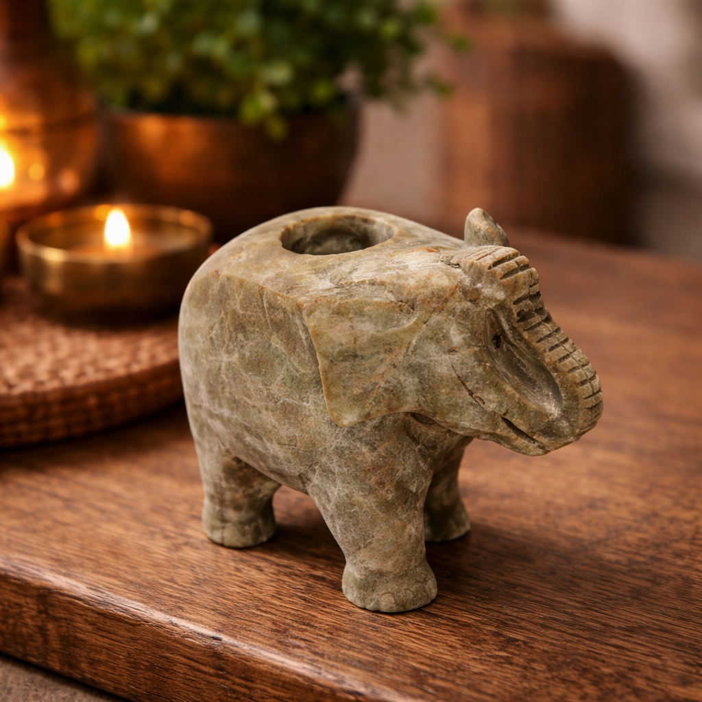 Beige Soapstone Elephant Design Candle Holder Decorative Accent