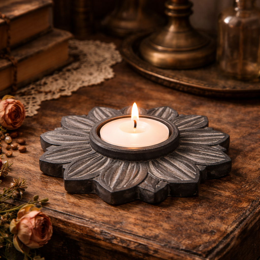 Hand Carved Black Soapstone Floral Candle Holder for Home Décor