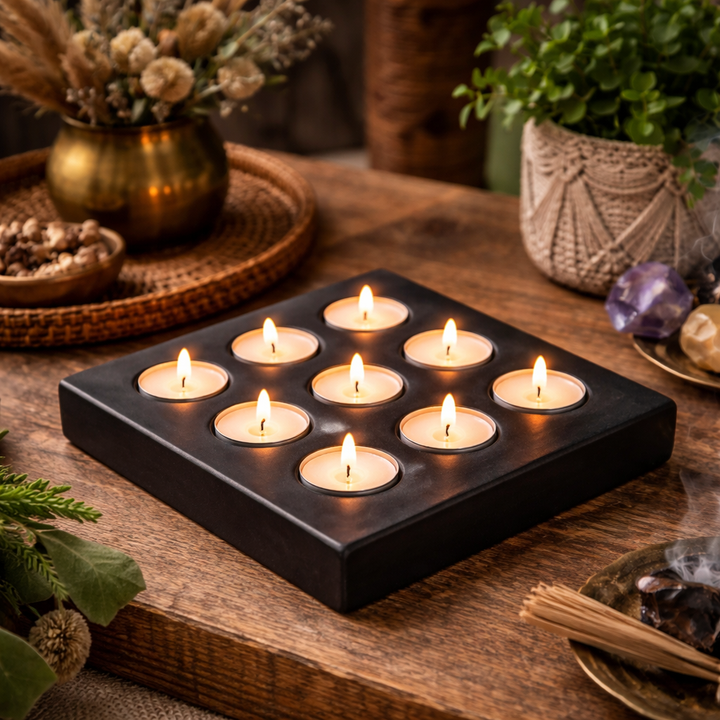 Handcrafted Black Soapstone Square Brass Candle Holder for Home