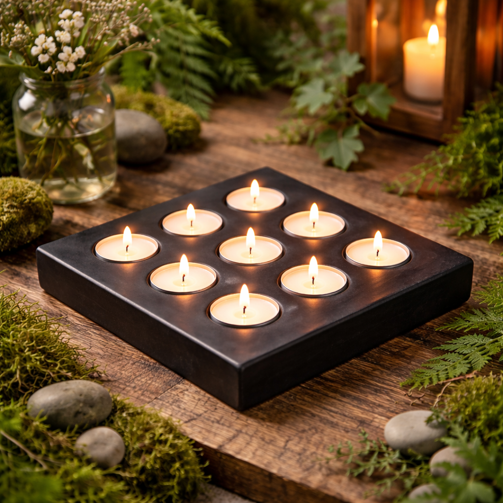 Handcrafted Black Soapstone Square Brass Candle Holder for Home