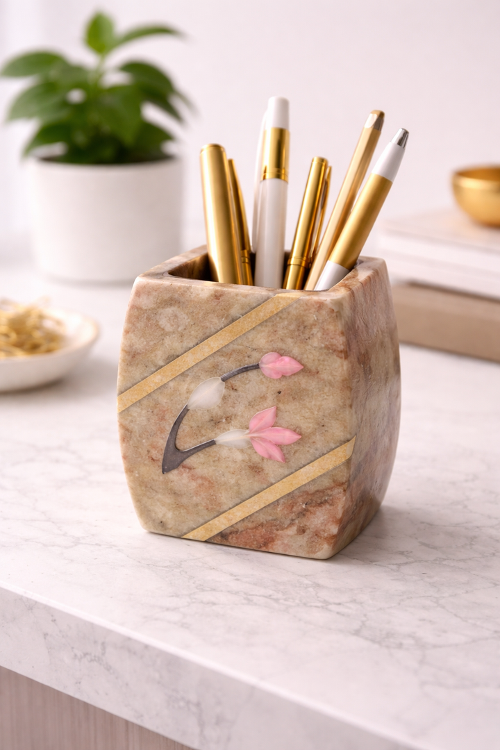 Luxury Beige Soapstone Card Holder with Pink Stone Inlay