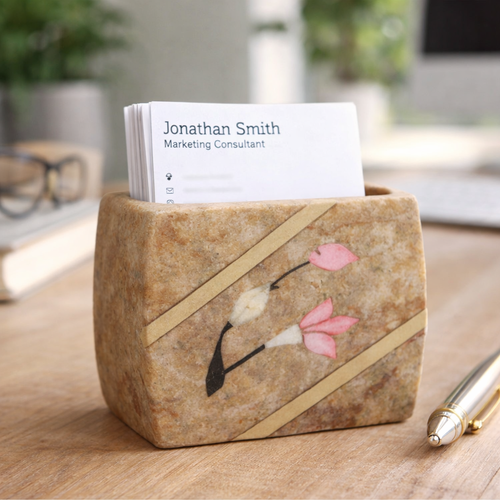 Luxury Beige Soapstone Card Holder with Pink Stone Inlay