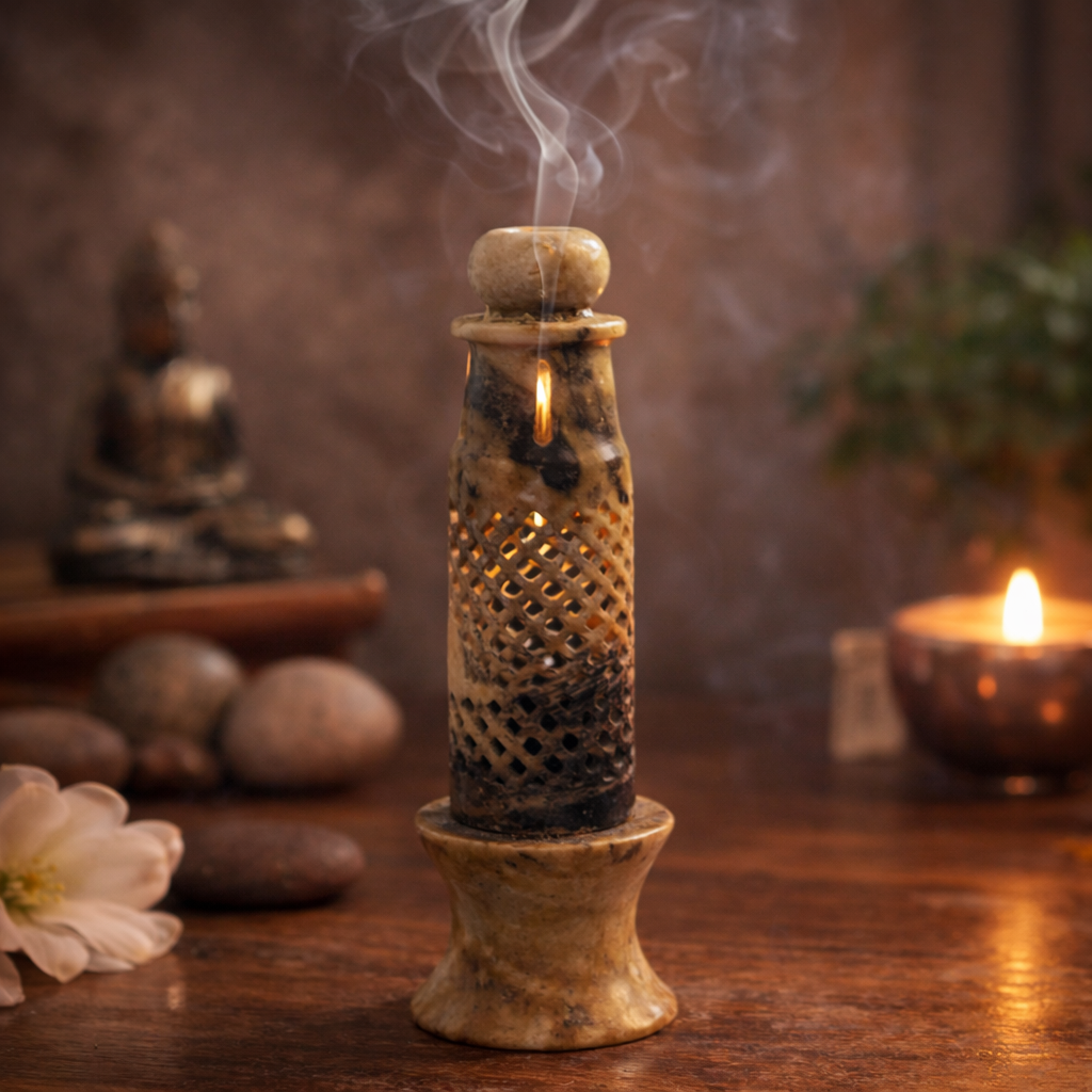 Traditional Beige Soapstone Jali Work Incense Bottle with Lid