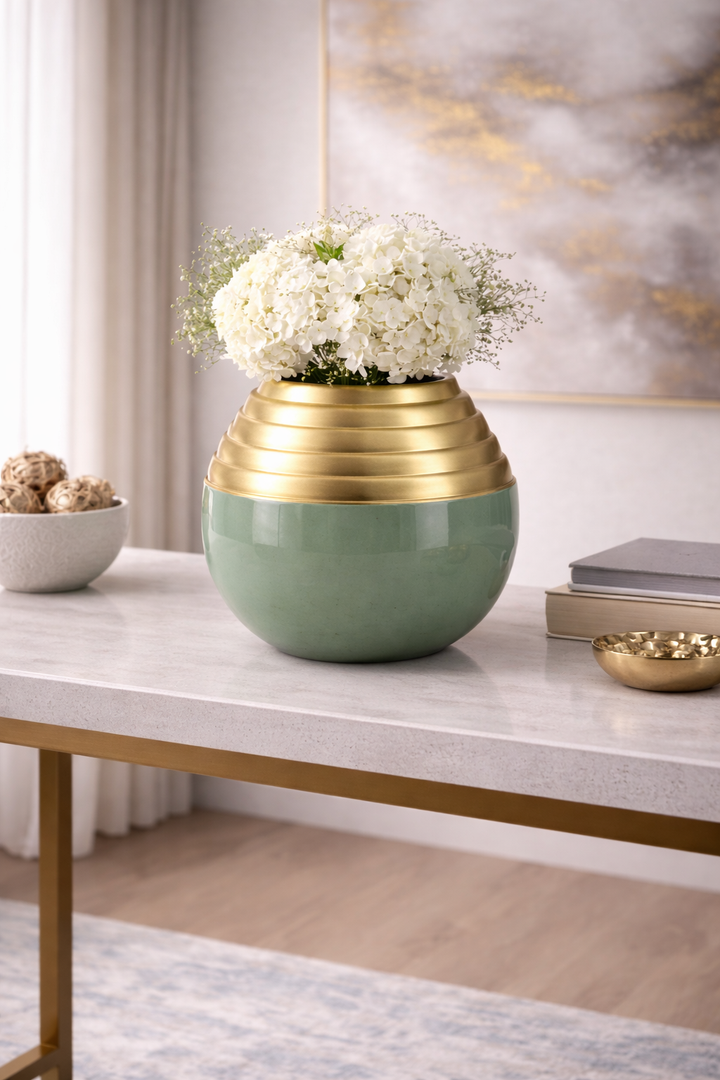 Luxury Green Gold Aluminium Urli Bowl for Floating Flowers & Décor