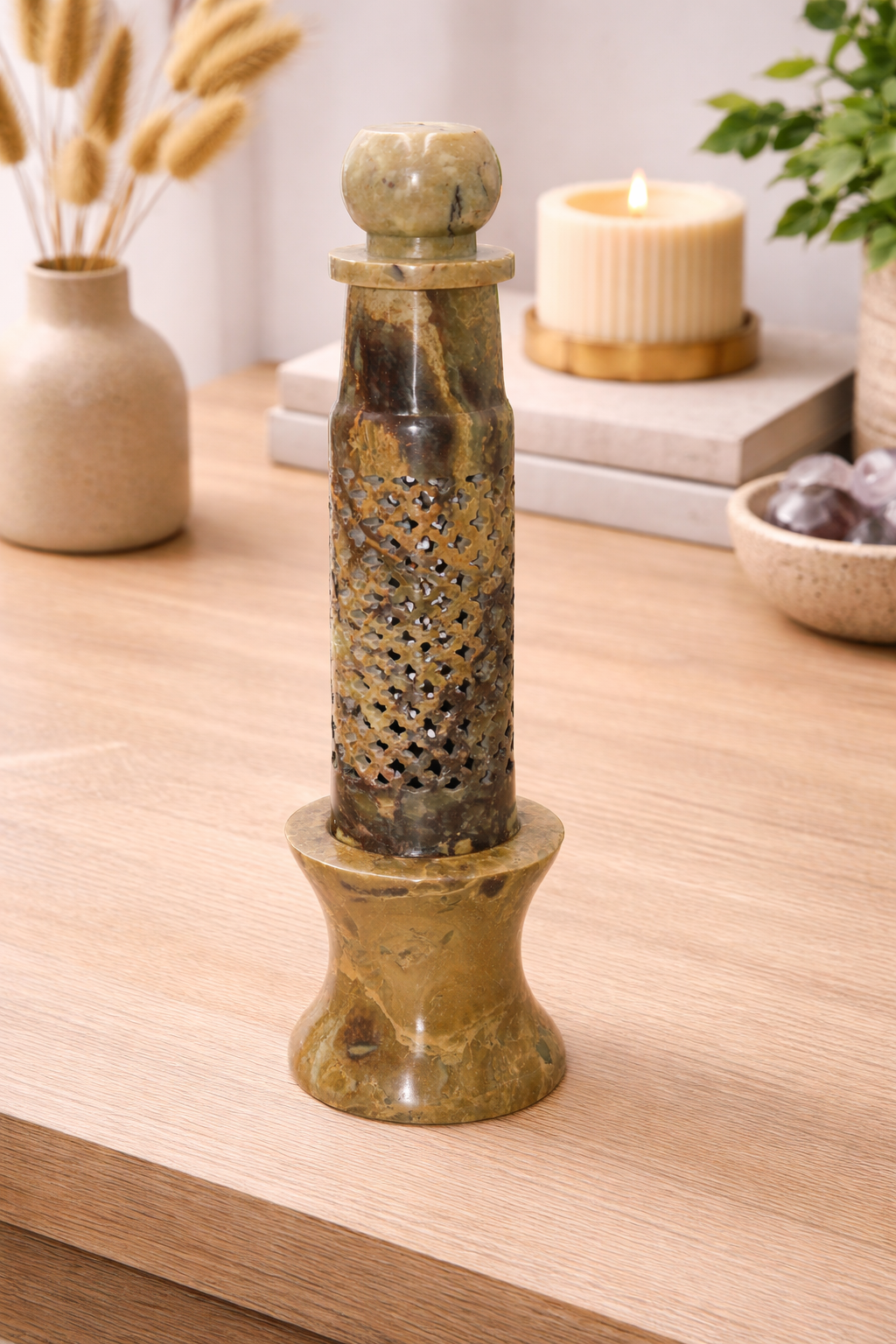 Traditional Beige Soapstone Jali Work Incense Bottle with Lid