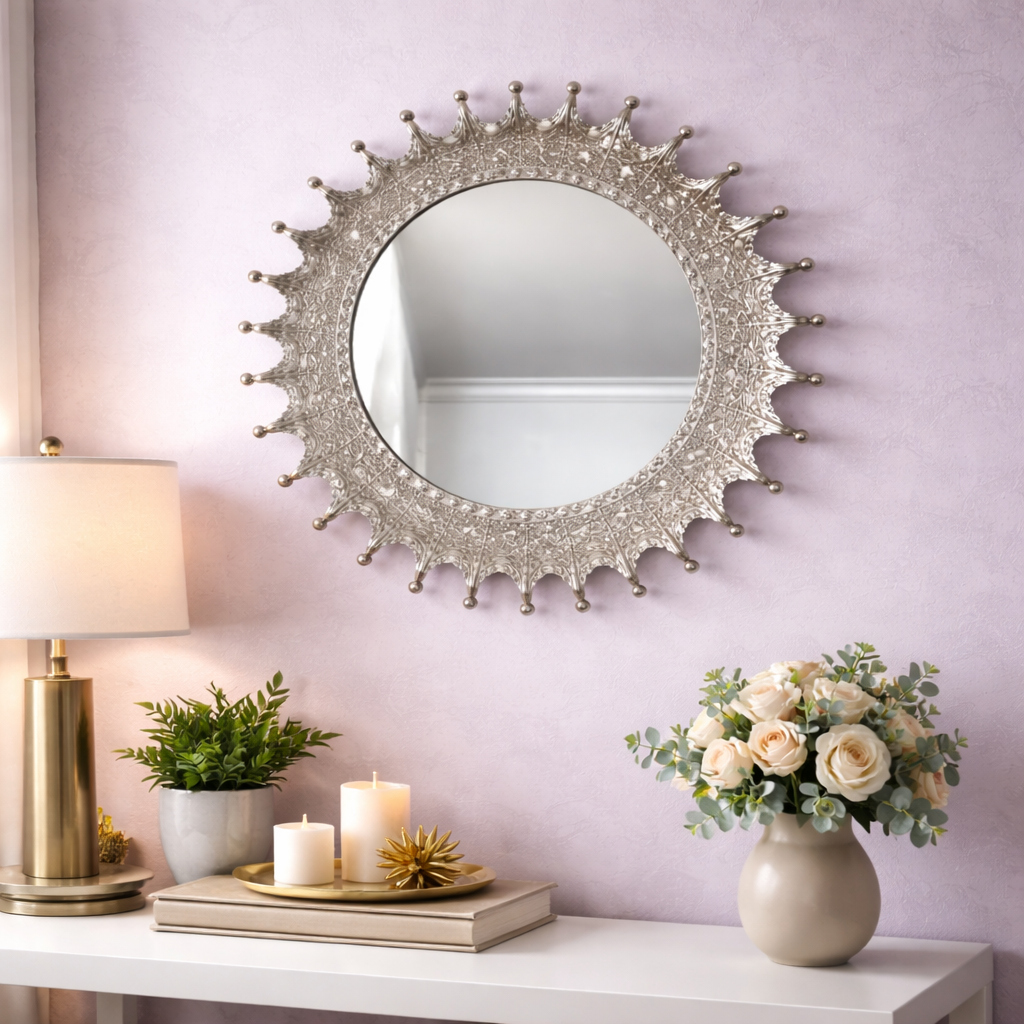 Silver Sunburst Wall Mirror – Modern Decorative Aluminum Mirror