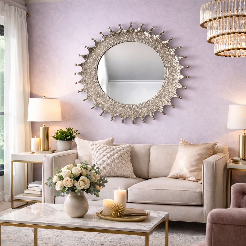 Silver Sunburst Wall Mirror – Modern Decorative Aluminum Mirror