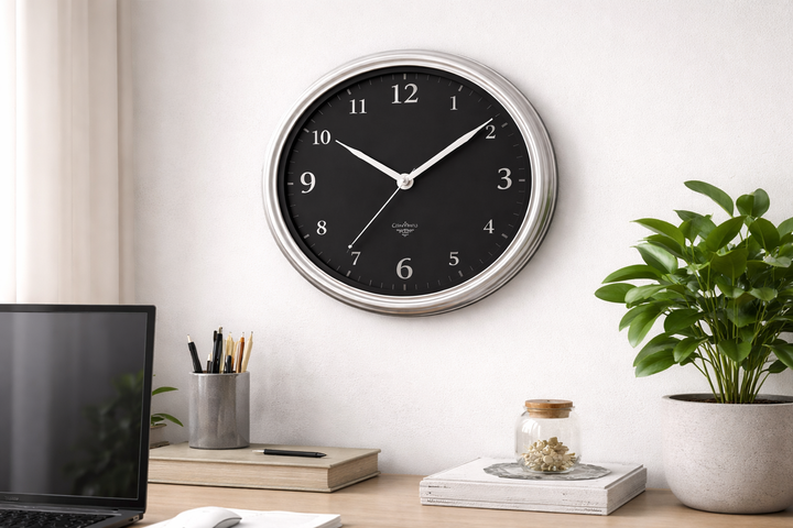Modern Round Steel Wall Clock – Black Face, Large Wall Décor