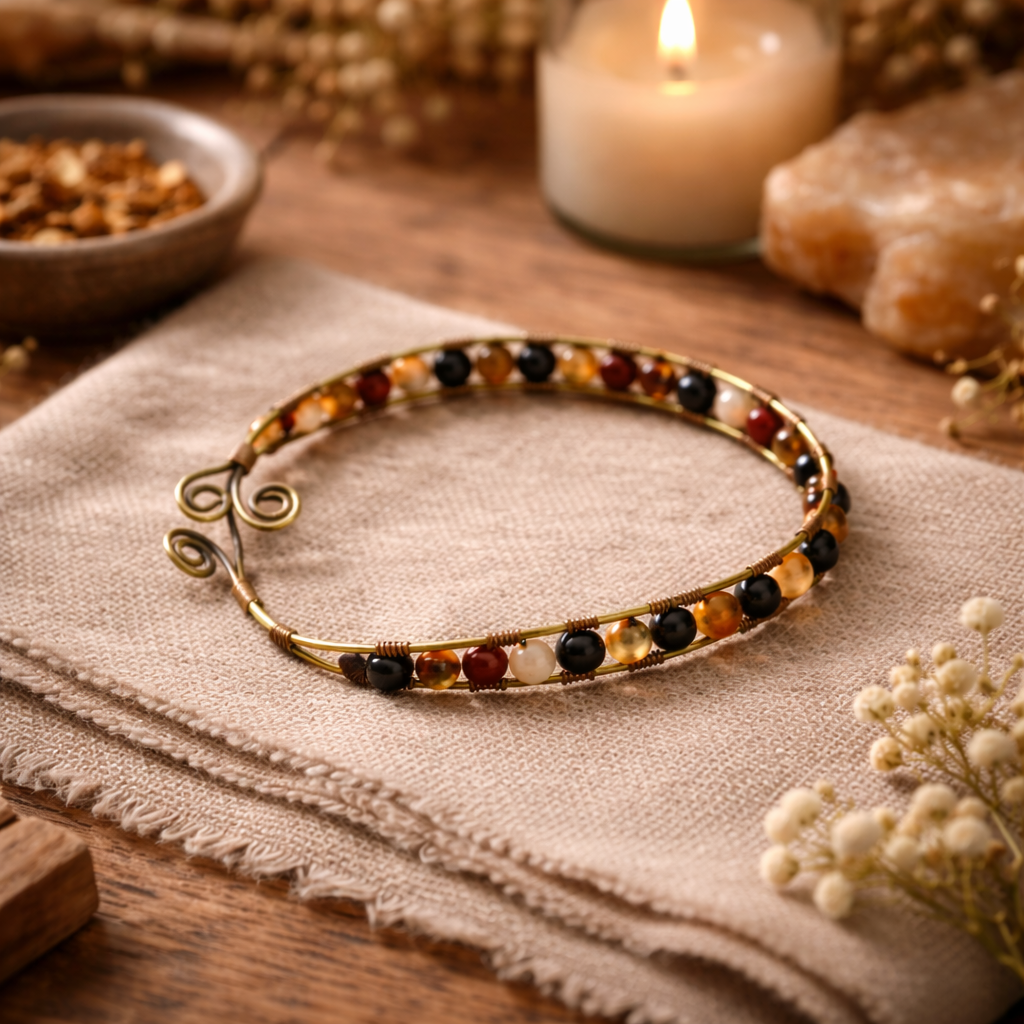 Adjustable Brass & Copper Bangle with Natural Gemstone Beads