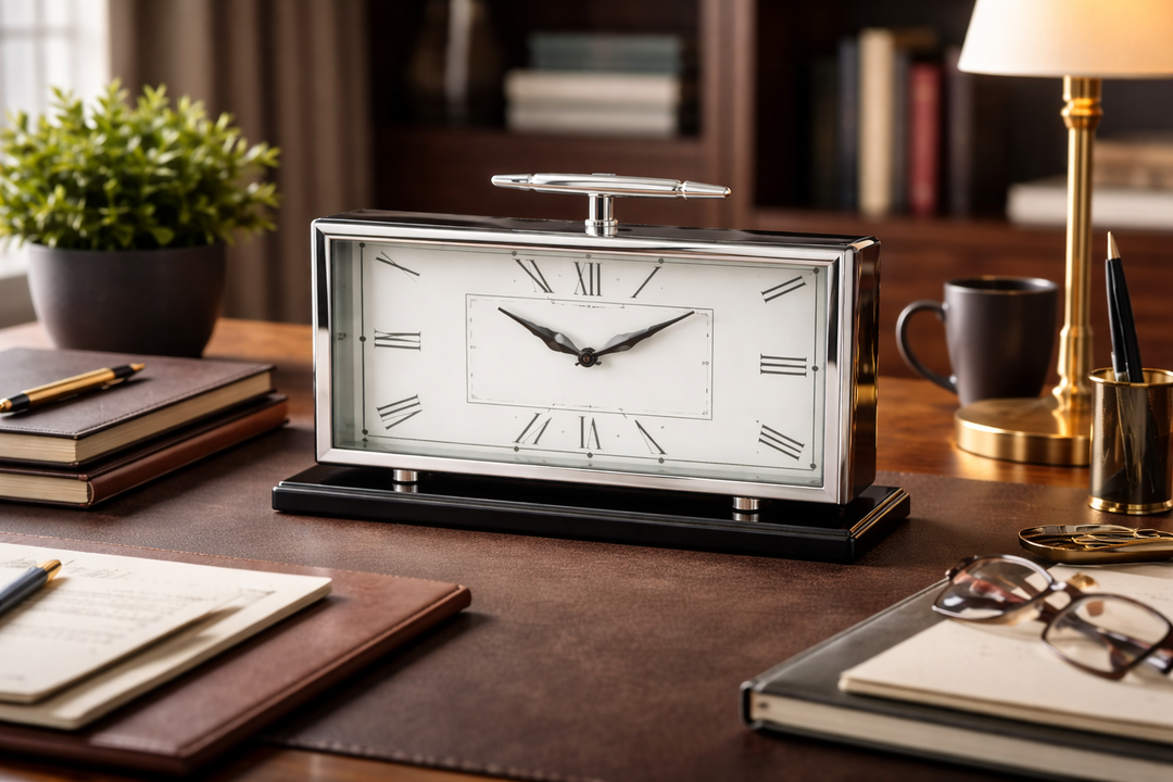 Silver Stainless Steel Table Clock – Premium Desk Décor (43×7×36 cm)  Modern & Minimal
