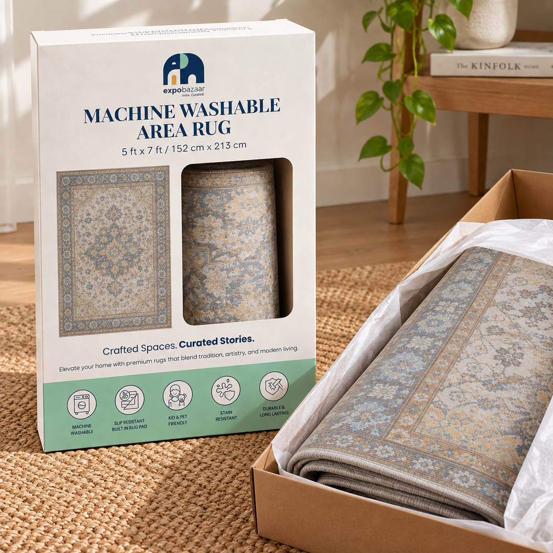 Expobazaar Washable  Grey Gold Persian Medallion | Rug in a Box
