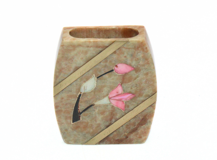 Luxury Beige Soapstone Card Holder with Pink Stone Inlay