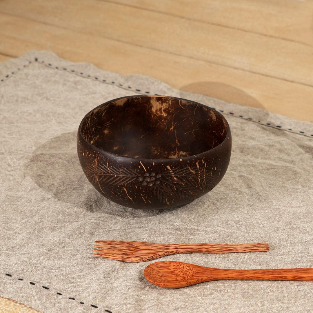 Carved Coconut Shell Bowl and Cutlery Set