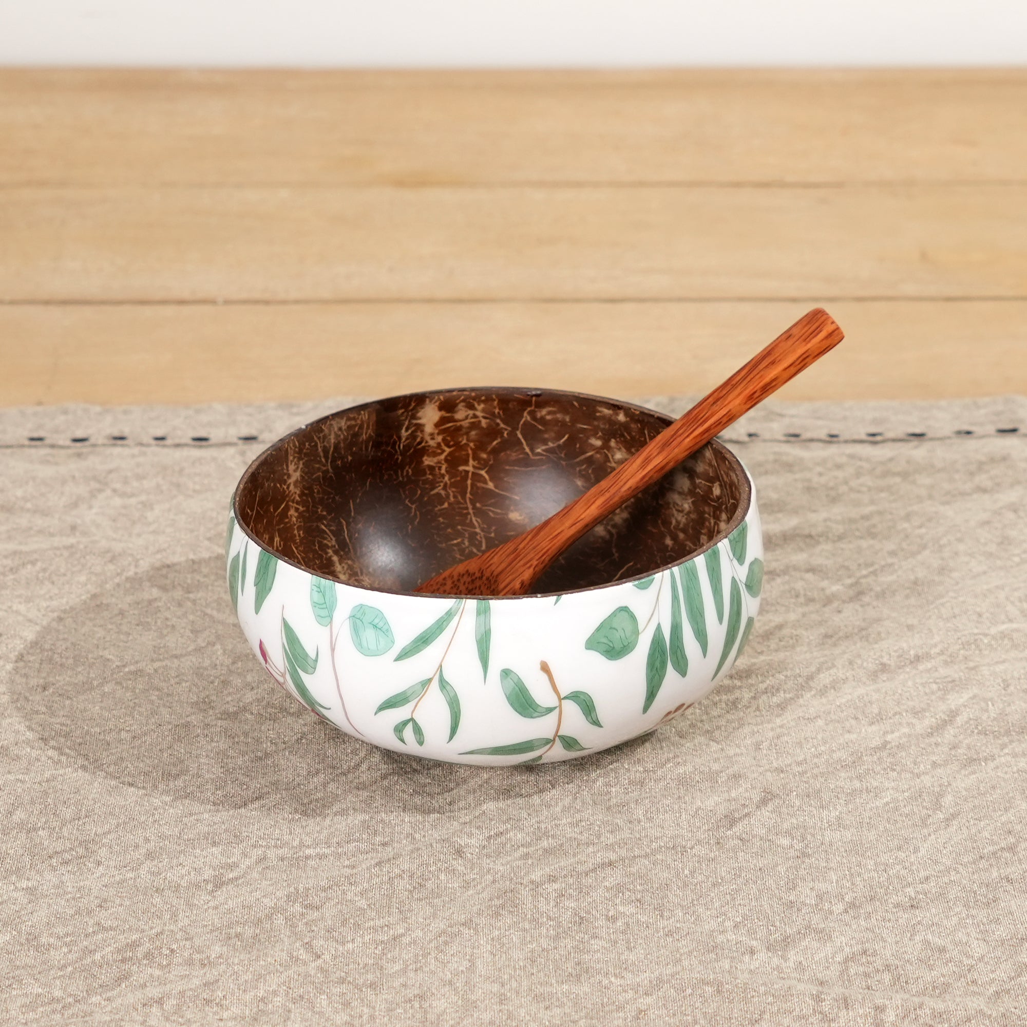 Hand-Painted Leaf Motif Coconut Bowl with Wooden Spoon