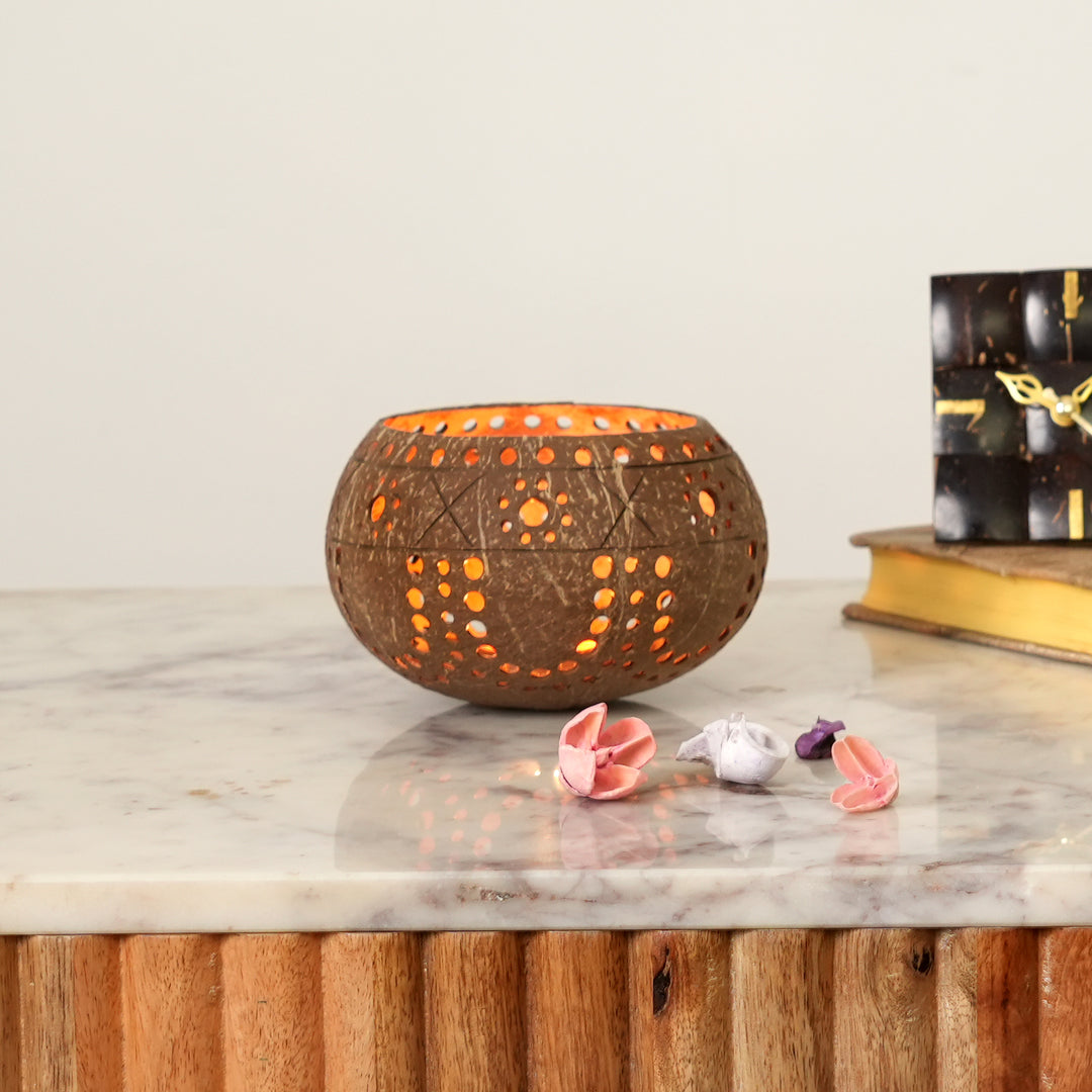 Coconut Shell Candle Holder with Intricate Cutouts