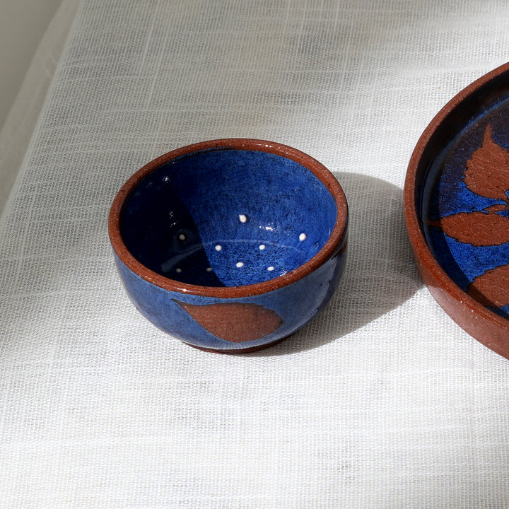 Handmade Terracotta Slip Bowl – Glossy Blue Glaze for Rustic Dining
