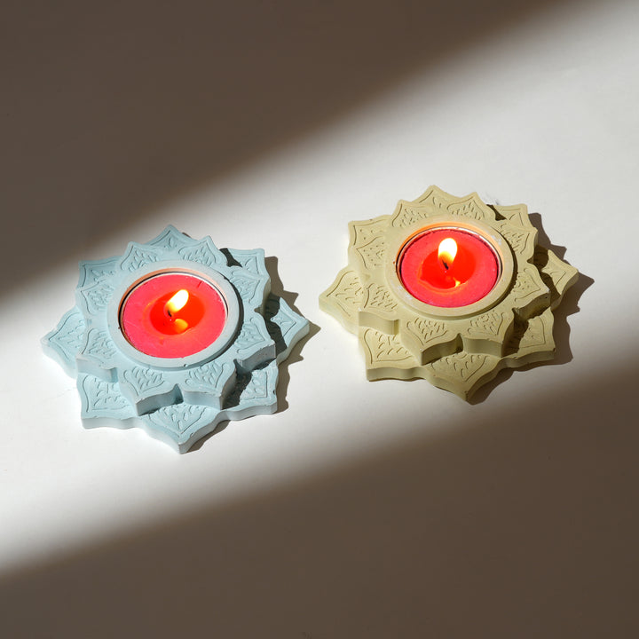 Mandala Tea Light Holder: Soothing Elegance in Blue and Yellow set of 2