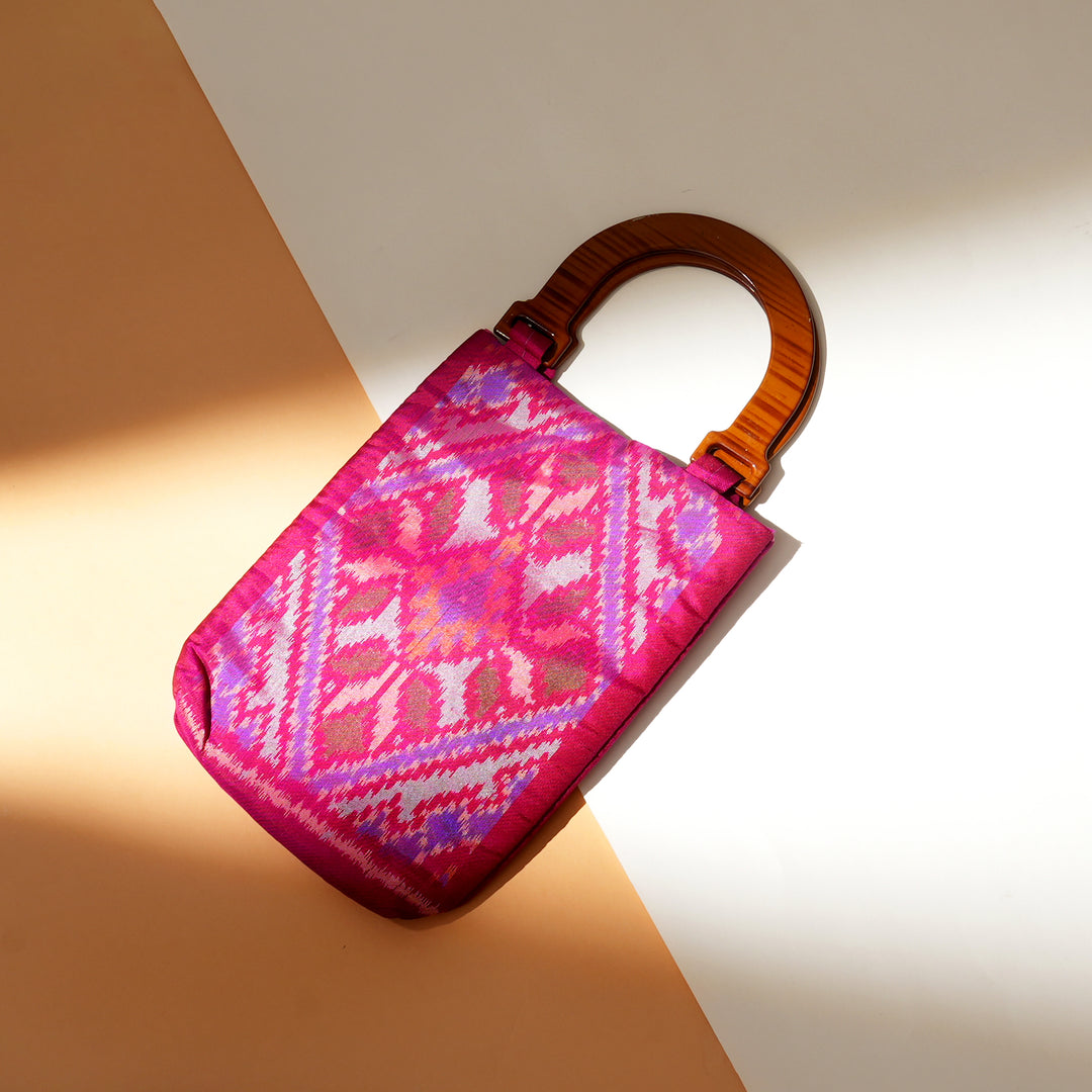 Patola Silk Handloom Fabric Bag – Pink Ikat with Wooden Handle