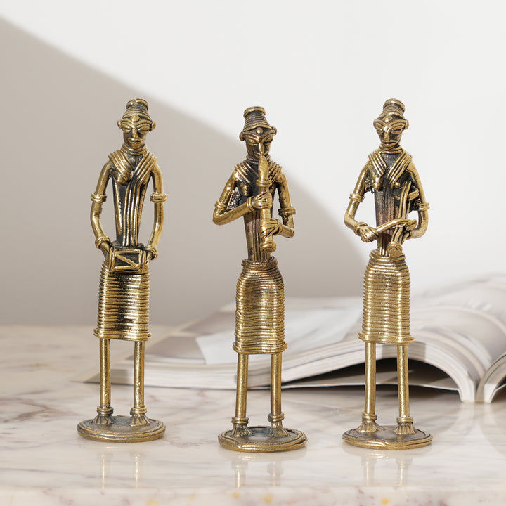 Tribal Woman Standing Musician – Turi, Kendra, Meridanga Figurine in Brass