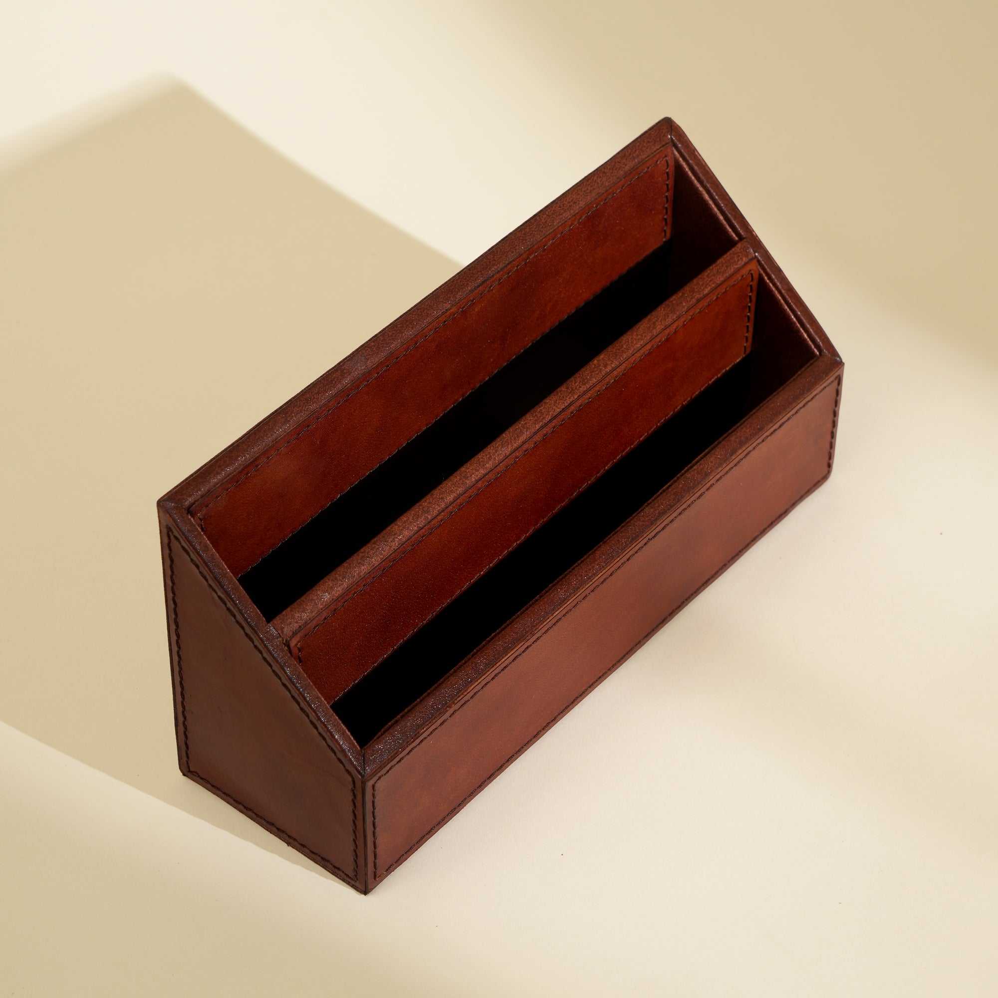 Tan Leather Letter Holder Elegant Organizer for Desk or Office