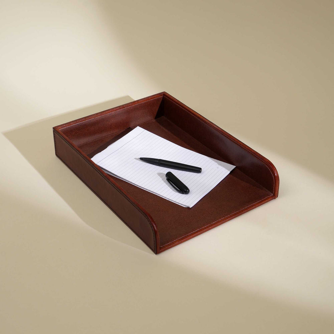 Tan Leather Paper Tray Elegant and Functional Desk Organizer
