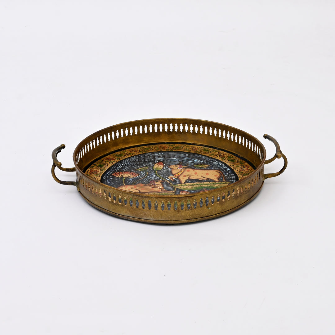 Pichwai Art Hand-Painted Circular Iron Tray