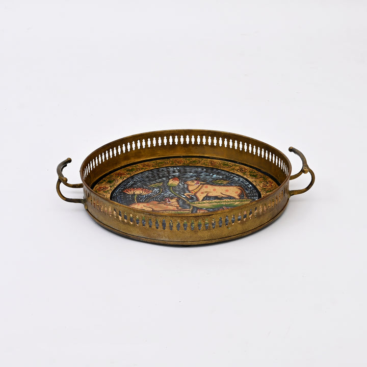Pichwai Art Hand-Painted Circular Iron Tray