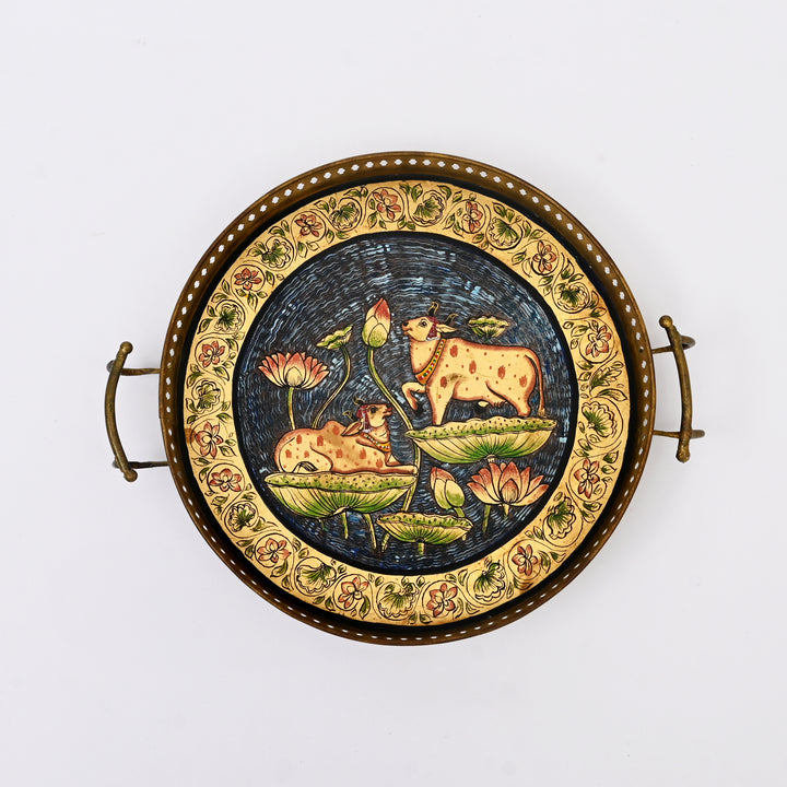 Pichwai Art Hand-Painted Circular Iron Tray