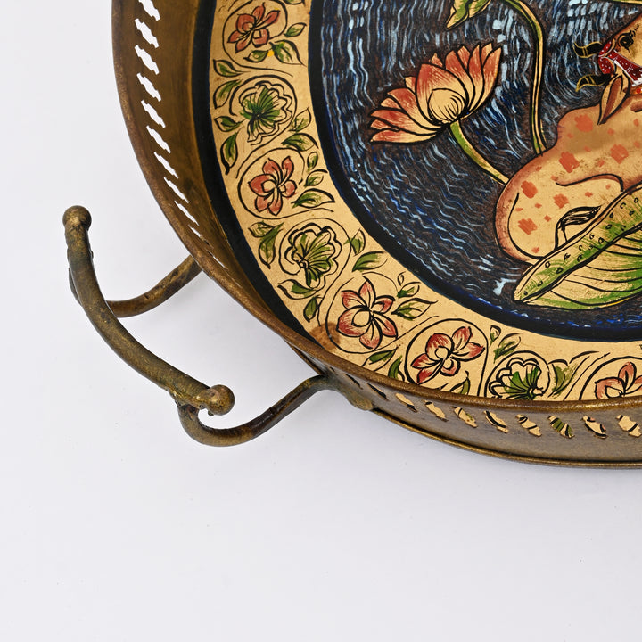 Pichwai Art Hand-Painted Circular Iron Tray