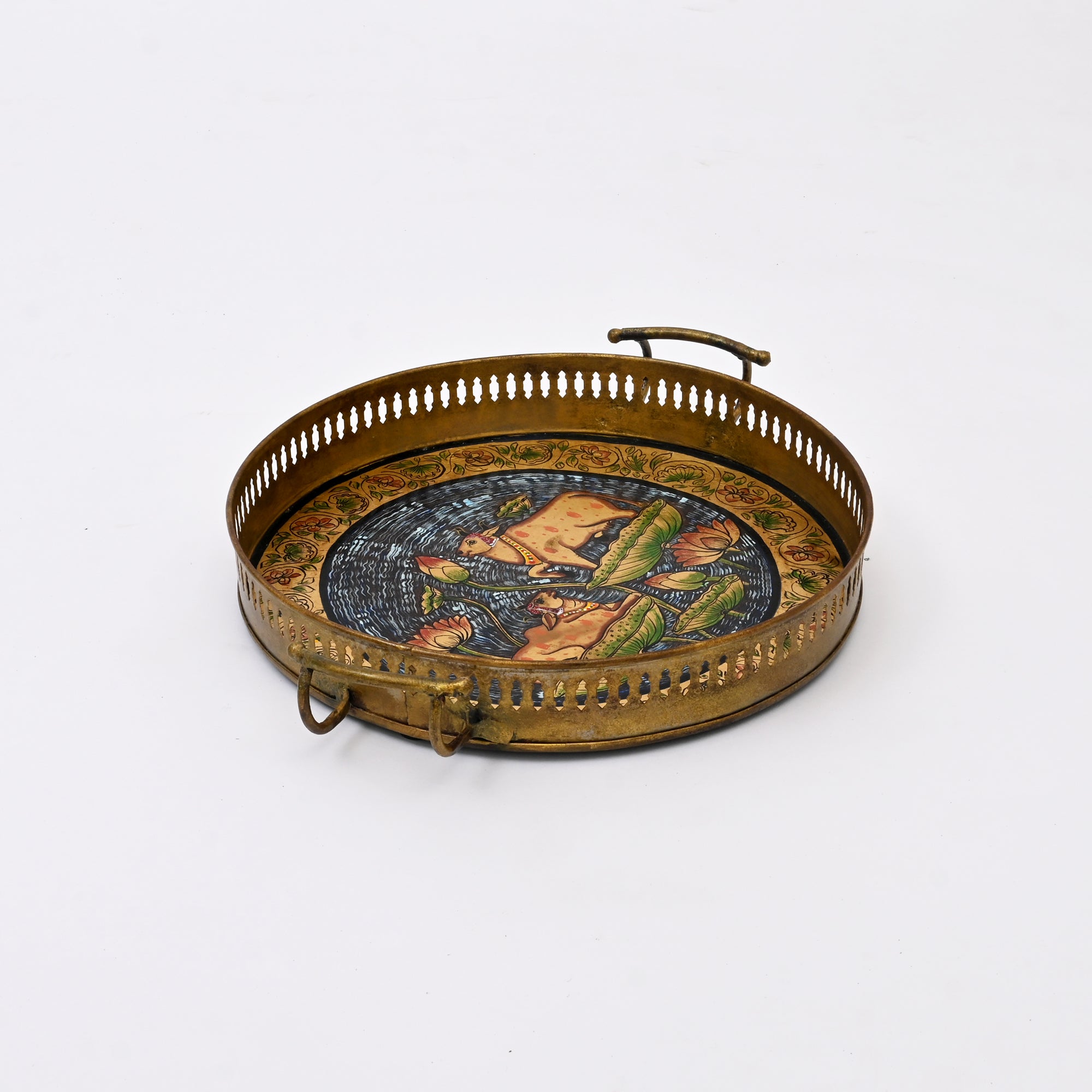 Pichwai Art Hand-Painted Circular Iron Tray