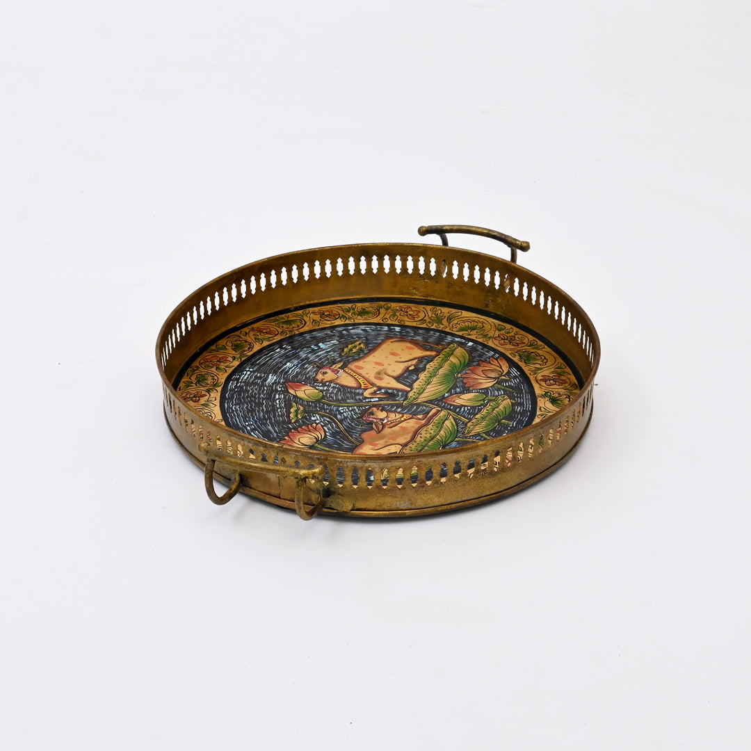 Pichwai Art Hand-Painted Circular Iron Tray
