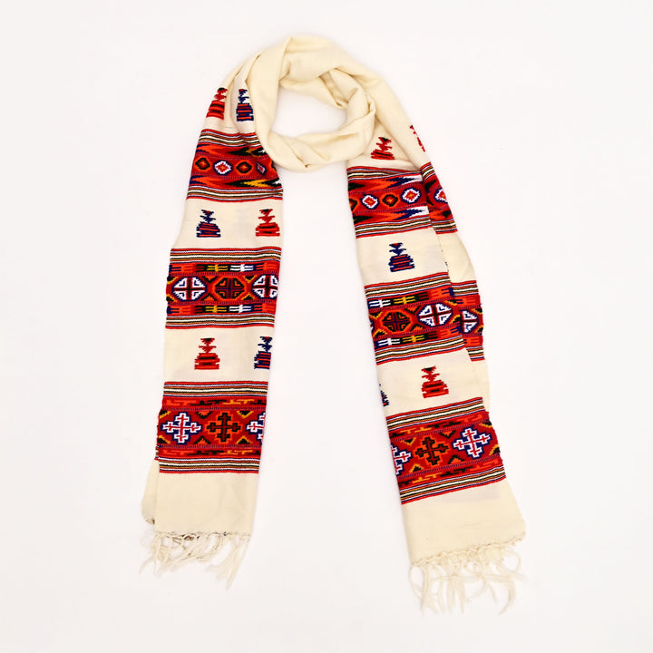 Traditional Kinnauri Wool Scarf/Muffler – White