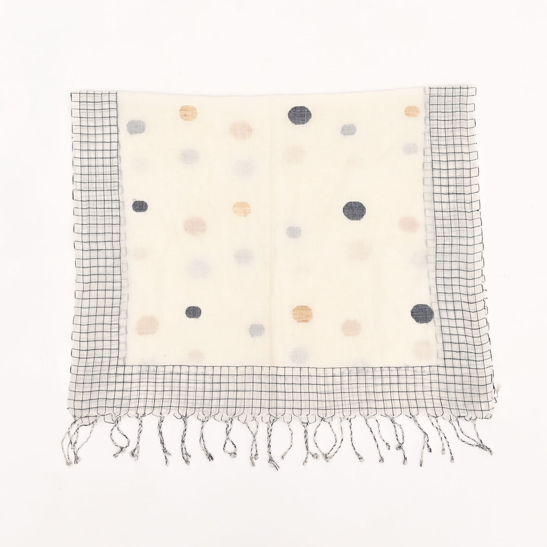 White & Blue Cotton CK Ball Stole – Minimal Elegance with a Playful Twist