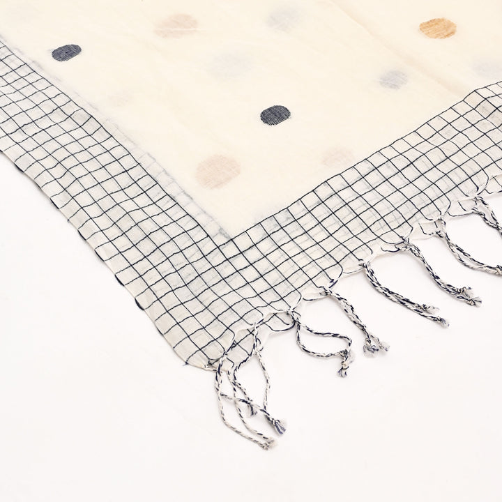 White & Blue Cotton CK Ball Stole – Minimal Elegance with a Playful Twist