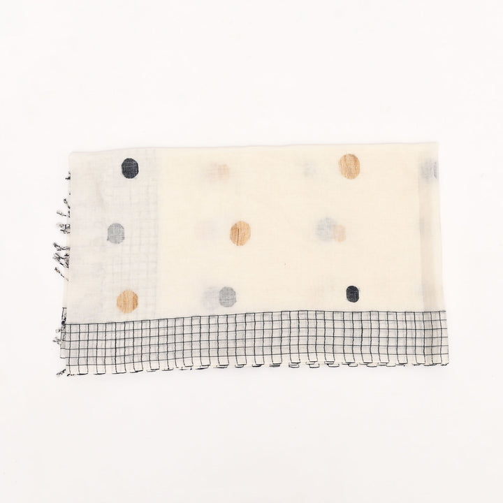White & Blue Cotton CK Ball Stole – Minimal Elegance with a Playful Twist
