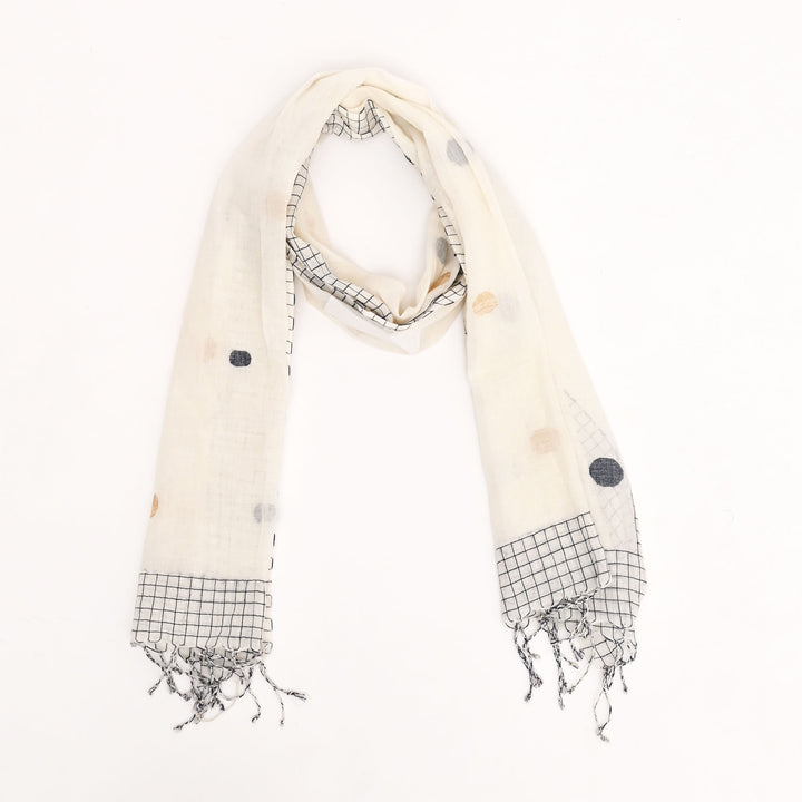 White & Blue Cotton CK Ball Stole – Minimal Elegance with a Playful Twist