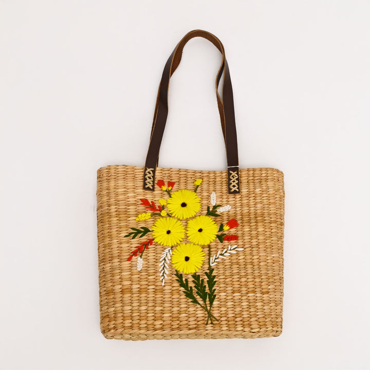 Handwoven Tote Bag with Floral Embroidery