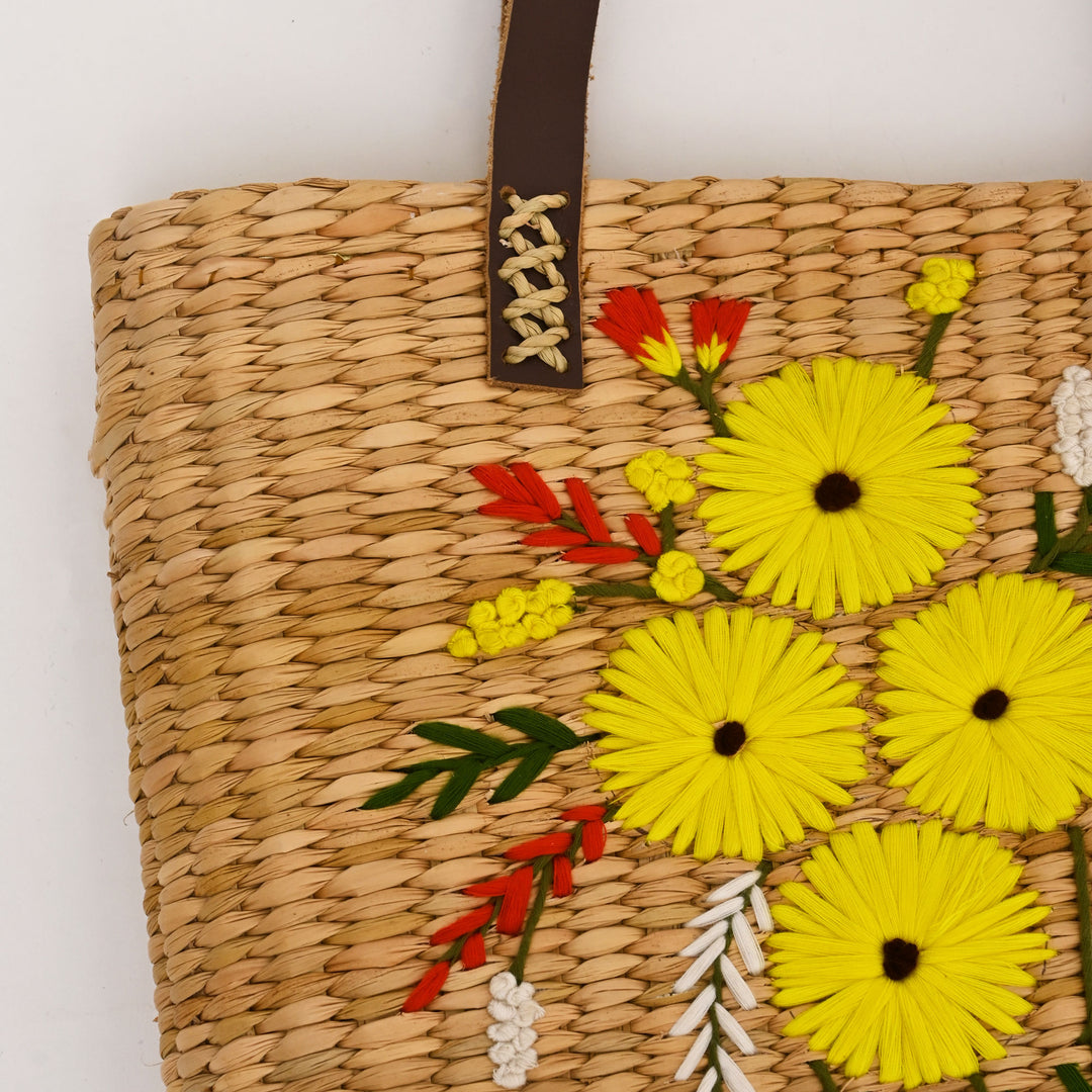 Handwoven Tote Bag with Floral Embroidery