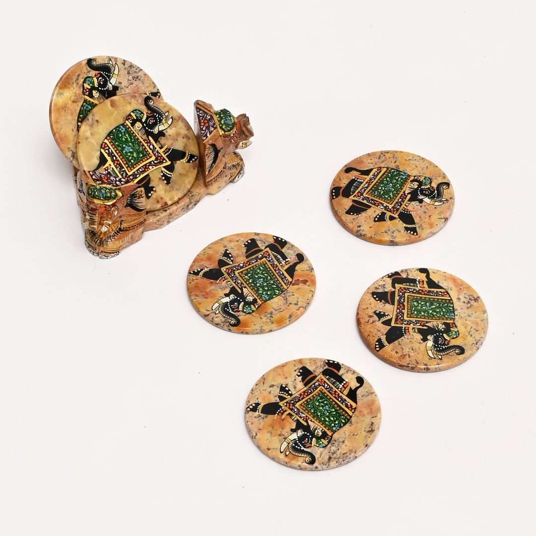 Handcrafted Elephant Miniature Painting  Coaster Set of 6
