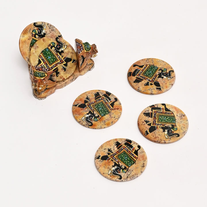 Handcrafted Elephant Miniature Painting  Coaster Set of 6